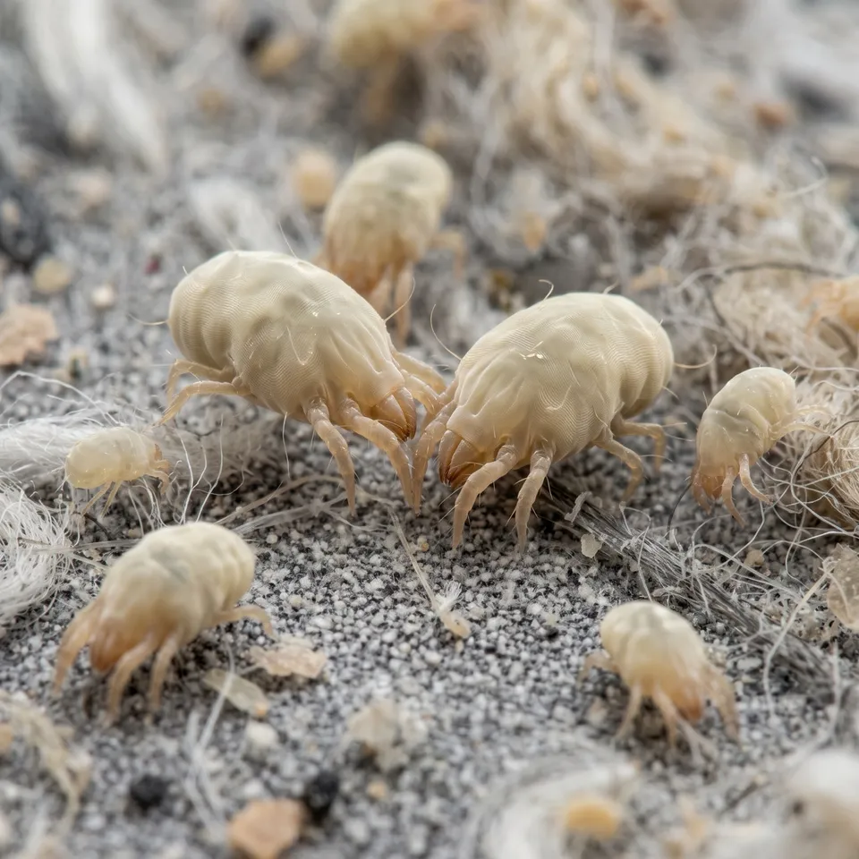 Acariens pâles avançant sur une poussière granuleuse mêlée de fibres claires