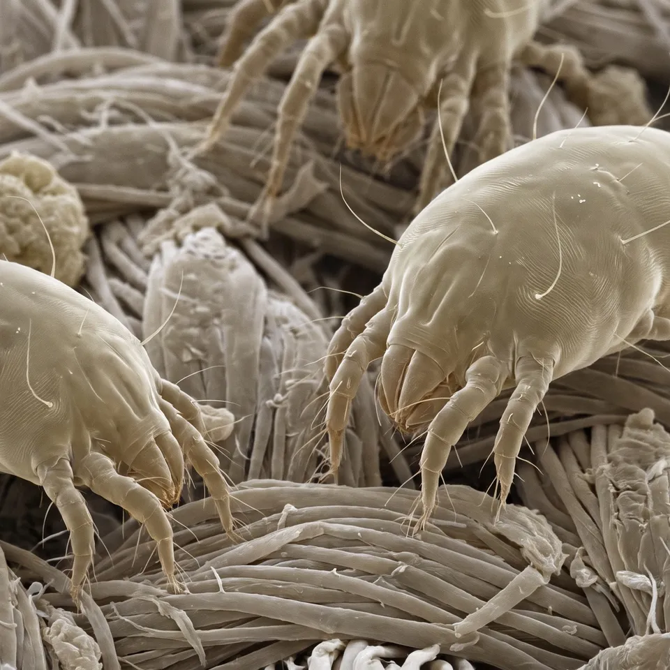 Trois acariens de la poussière progressant sur des faisceaux de fibres textiles