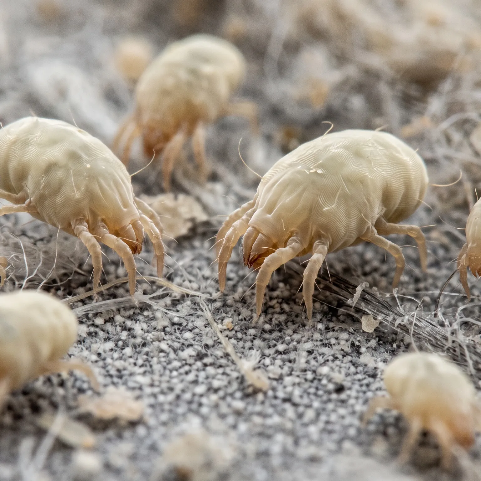 Groupe d’acariens sur un tissu gris moucheté, fibres blanches emmêlées autour