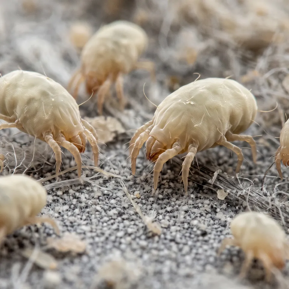 Groupe d’acariens sur un tissu gris moucheté, fibres blanches emmêlées autour