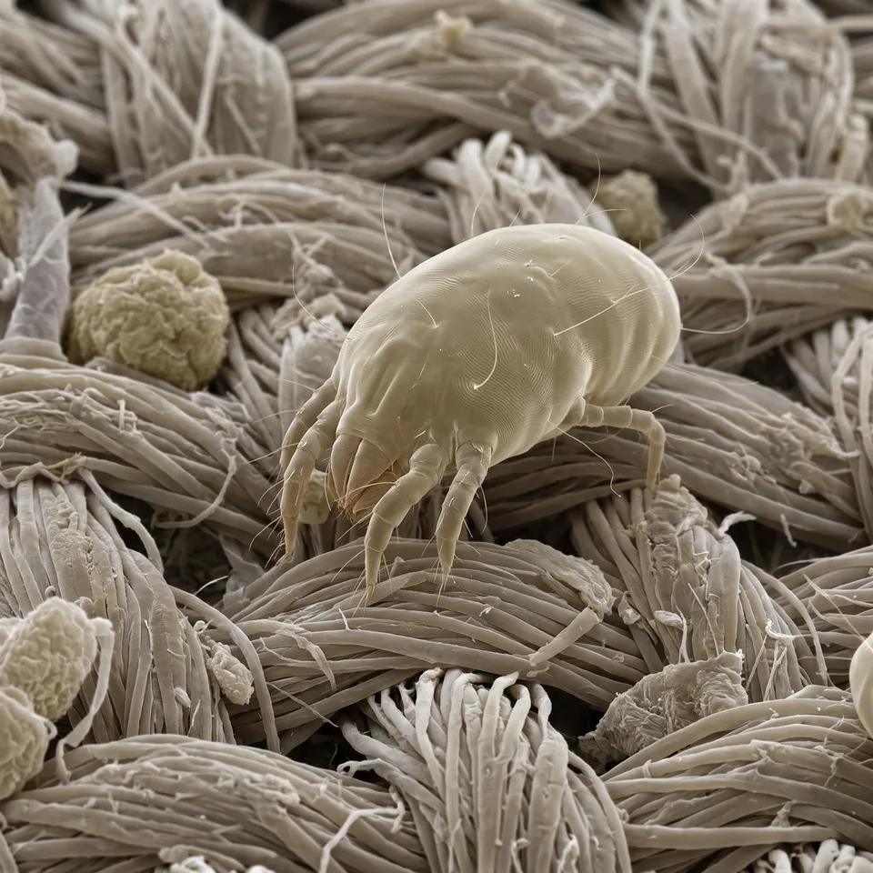 Acarien beige isolé sur un tissage de fibres, vue au microscope colorisée