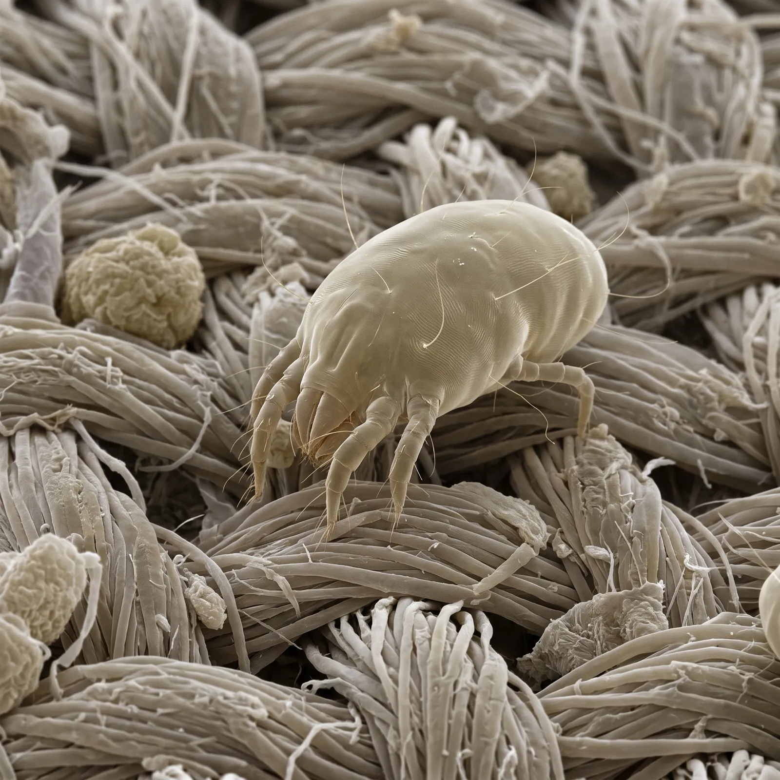Acarien beige isolé sur un tissage de fibres, vue au microscope colorisée