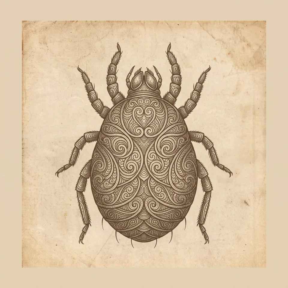 Gravure ancienne en sépia d’un acarien, corps ovale couvert d’arabesques