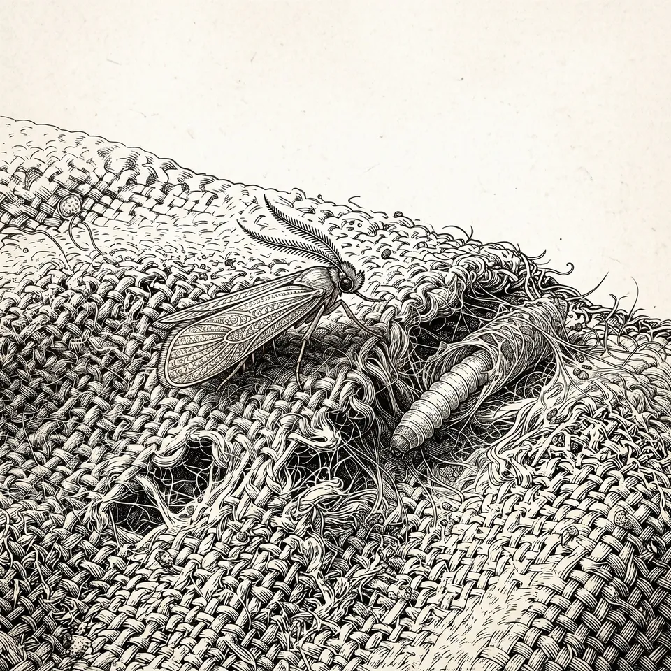 Gravure à l’encre : papillon et larve sur un tissage grossier effiloché