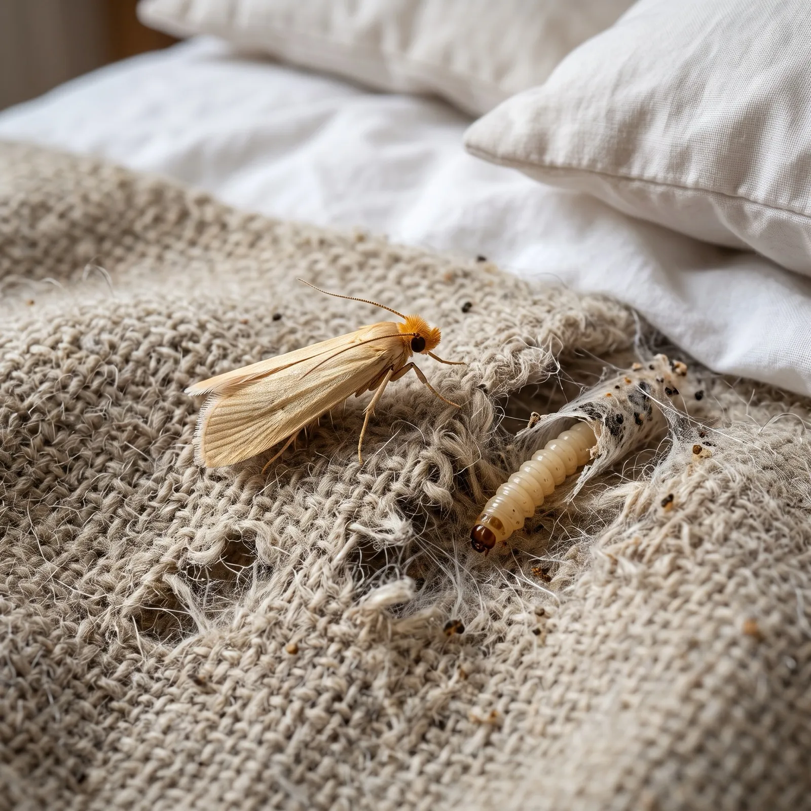 Papillon beige et larve dans un fourreau soyeux sur une couverture de laine