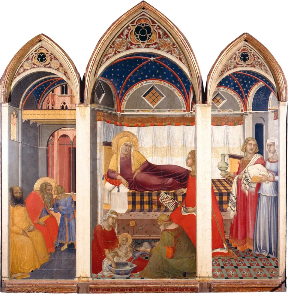 Nativité de la Vierge de Pietro Lorenzetti : femme alitée dans une chambre gothique, adossée à un long coussin