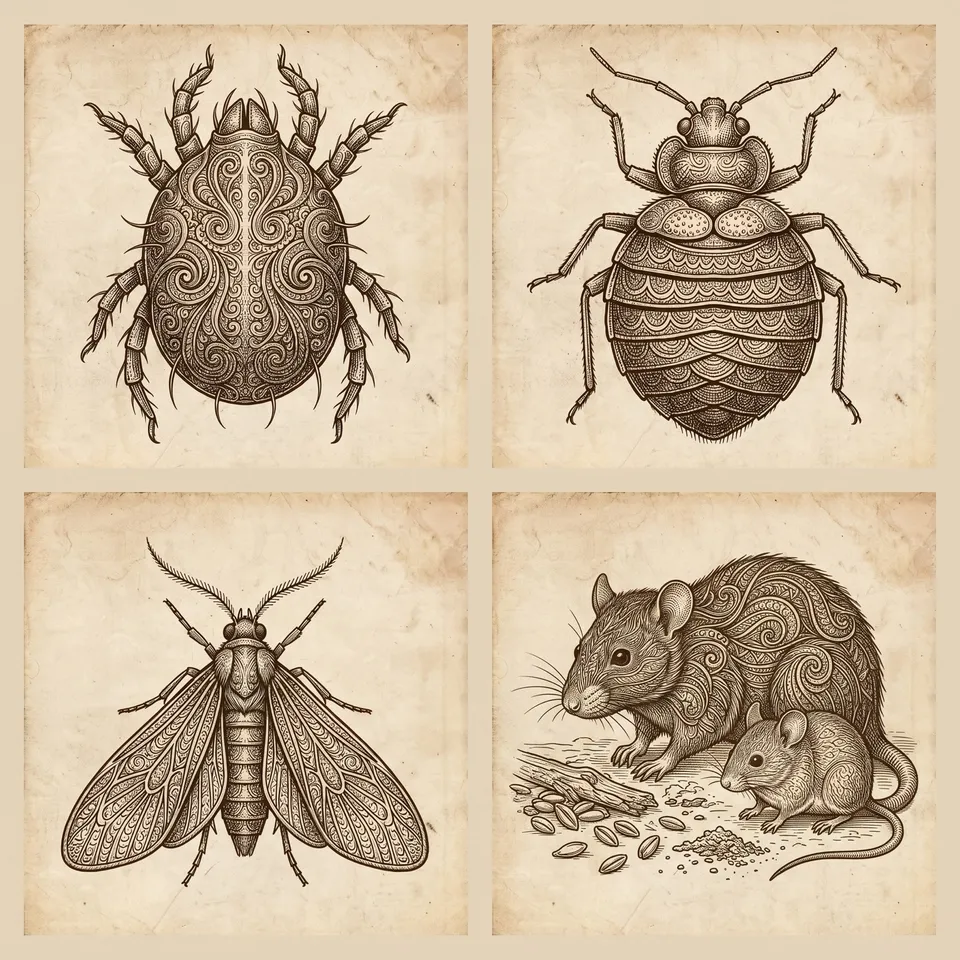 Planche sépia de quatre nuisibles : acarien, punaise, papillon de nuit et rongeurs