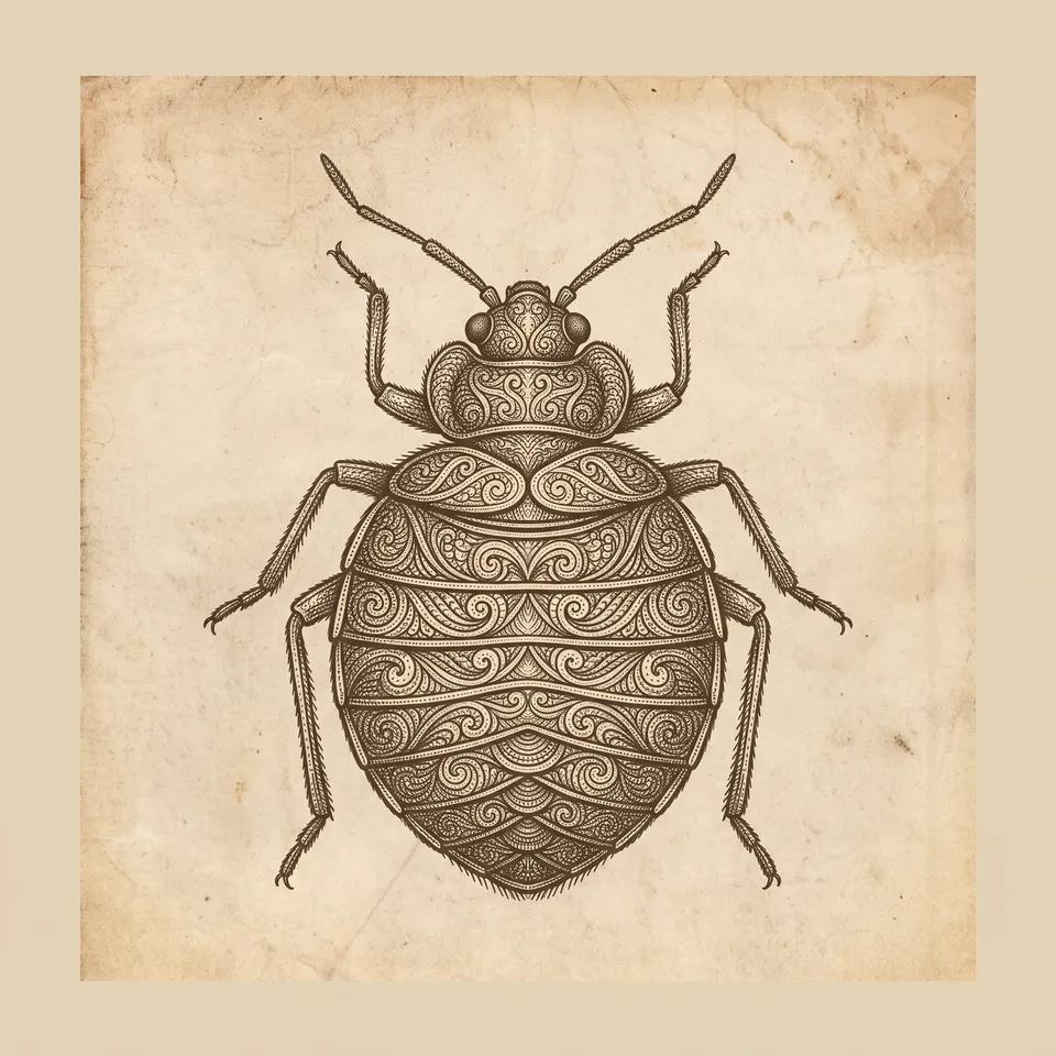 Gravure sépia d’une punaise de lit vue de dessus, corps ovale annelé