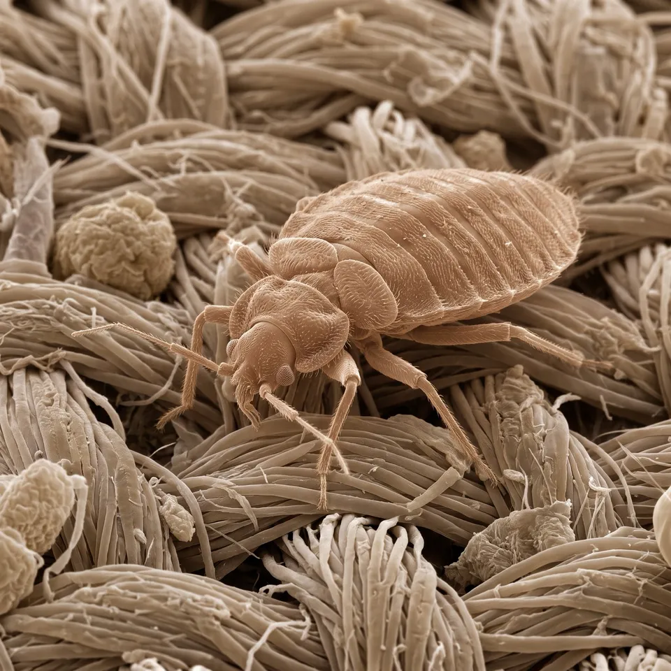 Punaise de lit adulte de profil sur un tissage de fibres, image colorisée