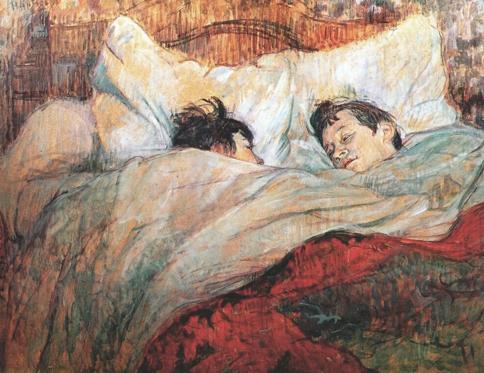 Le Lit de Toulouse-Lautrec : deux dormeurs côte à côte, appuyés sur un long traversin blanc