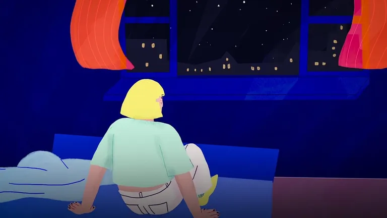 Illustration d'une personne assise au bord de son lit en pleine nuit, devant une fenêtre ouverte sur une ville étoilée.